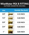 4 Piece PEX Fittings Kit With Half Inch Swivel Adapters For Drinking Water, Lead Free DZR Brass, Copper Crimp Rings And Stainless Clamps For RV, Under Sink And Home Plumbing Repairs size chart