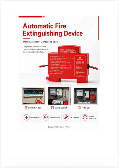 Heavy Duty Self Activating Fire Extinguisher With Clean Agent Protection For Engine Bays Apartments Van Campers And Workspaces No Fuss Quick Install showcased in electrical cabinet setting.