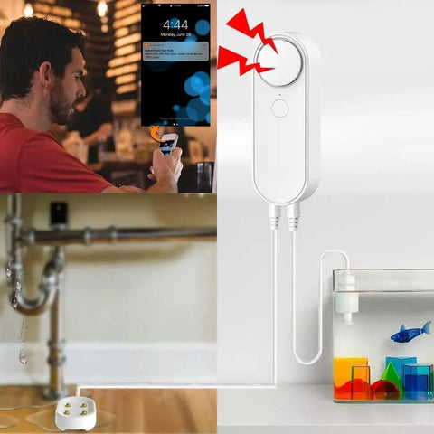 Dual Probe Water Leak Detector With WiFi and app alerts, 2 In 1 Water Level Alarm with left and right probes, installed and in use.