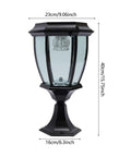 Outdoor Solar Post Light with black finish, dimensions labeled as 23x40x16cm, Waterproof LED Landscape Lantern for Fence Deck or Patio