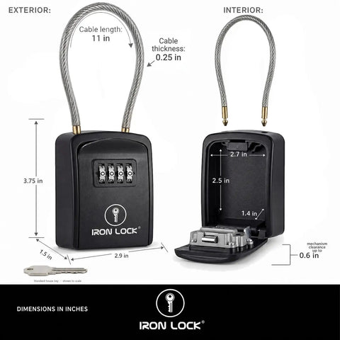 Rugged Outdoor Key Lock Box With Cable Shackle, Small Waterproof Metal Safe, 4 Digit Combo For Spare Keys Left Outside On Door Knob