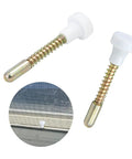 Heavy Duty Aluminum Window Screen Plunger Latches 16 Pack With Caps close-up of latches with spring, showing installation on mesh screen.