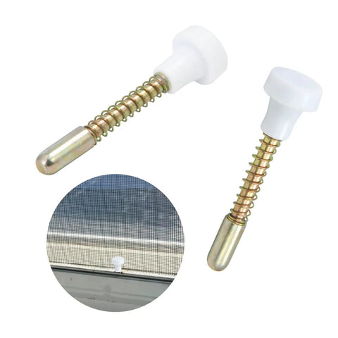 Heavy Duty Aluminum Window Screen Plunger Latches 16 Pack With Caps close-up of latches with spring, showing installation on mesh screen.