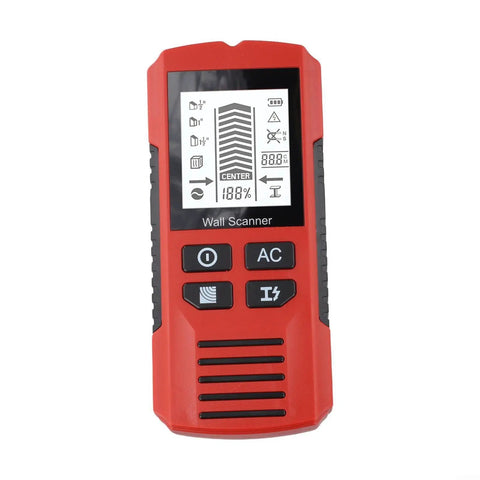 7-in-1 for stud Finder Wall Scanner LCD Display Deep Scan 7-in-1 showcasing red handheld device with LCD screen.