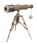 Wooden Model Astronomical Telescope With Leather Trim And Old School Retro Metal Nameplate Adjustable Tripod Monocular Scope, side view