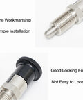 Close-up of Top Shelf M8 Self Locking Indexing Pin With Spring Loaded Latch Bolt, 46mm, 304 SS and aluminum, showing detail and installation.