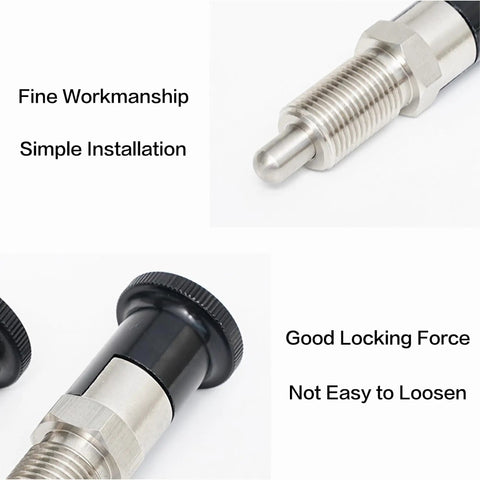 Close-up of Top Shelf M8 Self Locking Indexing Pin With Spring Loaded Latch Bolt, 46mm, 304 SS and aluminum, showing detail and installation.