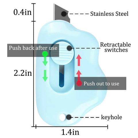 9 Pack Retractable Box Cutter Set With Mini Letter Opener And Cute Cloud Charm, showing blue cutter with measurements