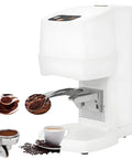 Professional Automatic Espresso Tamper With Adjustable Height Stand And 10 To 30 Kg Of Precision Pressure nails image showing white espresso tamper and coffee setup.
