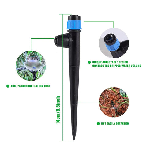 Adjustable 360 Degree Drip Emitters For 1/4 Inch Tubing Blue Sprayers With Stake 50 Pack Garden Watering System Drippers