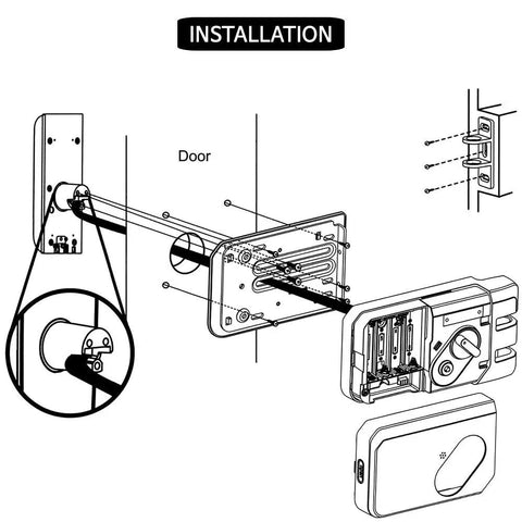 Installation diagram of GTouch Digital Rim Lock With Traceless Slim Body Master Mode Forced Lock Automatic Locking Volume Control Silent