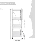 White 4 Tier Rolling Kitchen Cart With Pull Out Shelf Adjustable Middle Racks And Secure Locking Wheels Microwave Stand dimensions reference image.