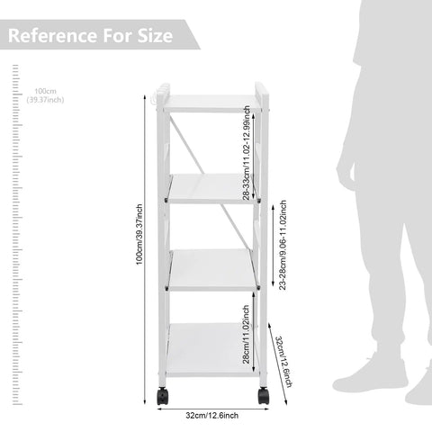 White 4 Tier Rolling Kitchen Cart With Pull Out Shelf Adjustable Middle Racks And Secure Locking Wheels Microwave Stand dimensions reference image.