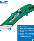 Pacific Handy Cutter S4R green retractable safety knife with tape splitter and steel guard