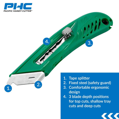 Pacific Handy Cutter S4R green retractable safety knife with tape splitter and steel guard