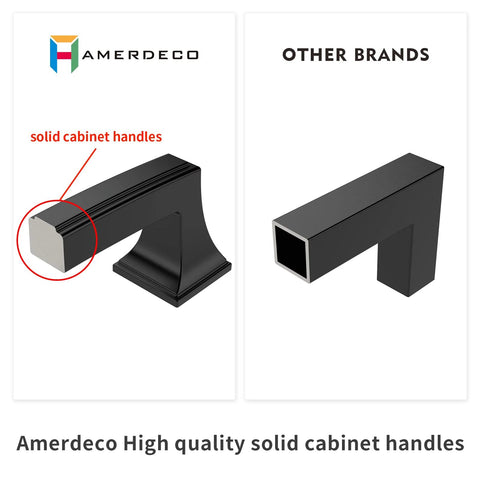 Comparison of solid matte black cabinet pulls showing Amerdeco handle vs other brands.