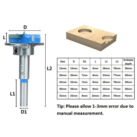 Carbide-tipped adjustable hinge-hole drill bit for wood, 30mm diameter