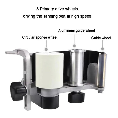 Heavy Duty Pneumatic Belt Sander Handheld Grinder Machine 7000 Rpm with 3 primary drive wheels for sanding belt.