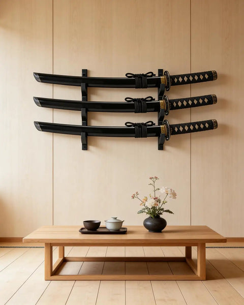 Wooden Sword Wall Mount Kit Two Pack For Katana Wakizashi Tanto Swords Display Holder on wooden wall