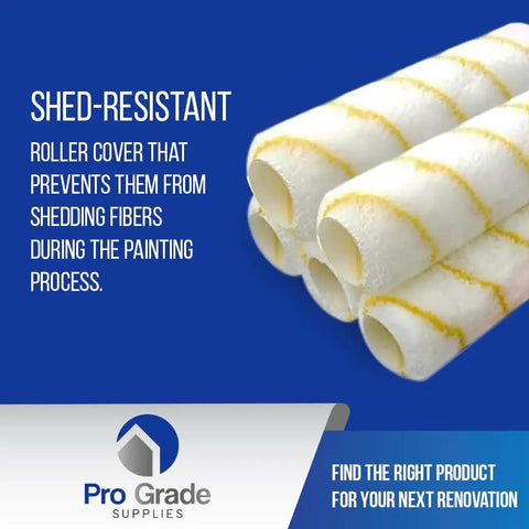 No-Shed Microfiber Paint Roller Covers Half Inch Nap, 9 Inch Length, 5 Pack for Smooth Walls and Drywall displayed with text.