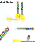 Front view: AYCHOLIZ 5pcs 1/16 in solid carbide flat end mills with rainbow coating and yellow holders.