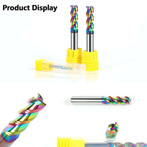 Front view: AYCHOLIZ 5pcs 1/16 in solid carbide flat end mills with rainbow coating and yellow holders.