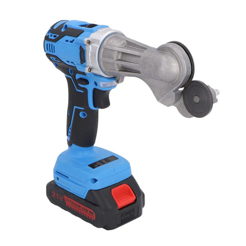 Jauarta 21V Cordless Electric Metal Shear With Rechargeable Battery Rotating Head And Led Light For Cutting Iron Sheet Aluminum Two Speed High Performance Power Tool With U S Plug, blue and gray handheld design.