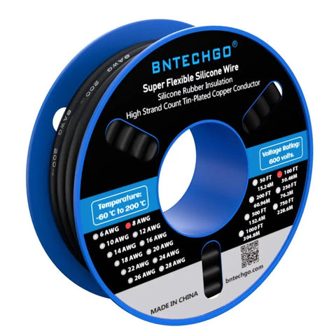 Top Shelf 8 Gauge Silicone Wire Black 100 Foot Ultra Flexible Stranded Tinned Copper Cable For Car Audio And Hot Rod Builds Smooth Bend Heavy Duty Wiring Straight Up Built Like A Tank on spool.