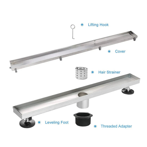 24 Inch Linear Shower Drain With Tile Insert 2 In 1 Panel Brushed 304 Stainless Steel Floor Drain Hair Strainer And Adjustable Feet No Rust Go To Fast Drainage Modern Shower Upgrade Built To Last showing components