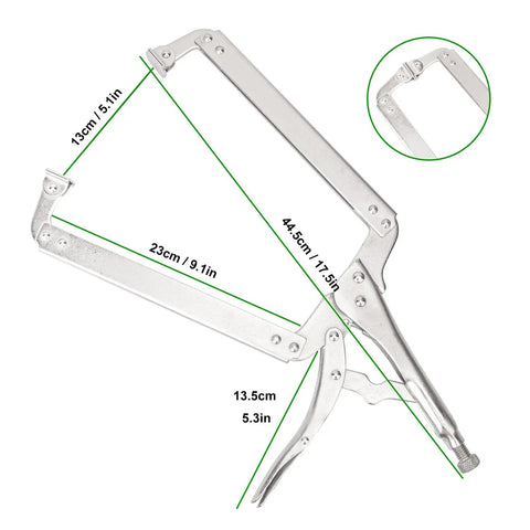 Three Pack 18 Inch C Clamp Locking Pliers With Swivel Pads Pro Grade Heavy Duty Vise Grip Set showing dimensions