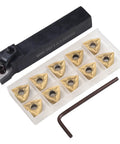 Heavy Duty Lathe Turning Tool With New Bracket For Precision Turning Includes 10 Carbide Inserts WNMG432 And WNMG080408, shank shown with inserts.