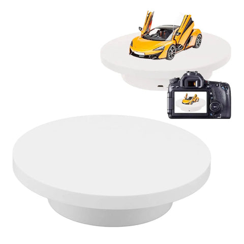 Heavy Duty Rotating Display Stand With White Plug In Remote Motorized Electric Turntable For 360 Degree Photography And Video Shoots showcasing a yellow toy car.