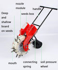 Hand Push Seeder With Wheels, DIY Roller Seed Spreader For Lawn And Garden Planting, showing dual seed and fertilizer hopper