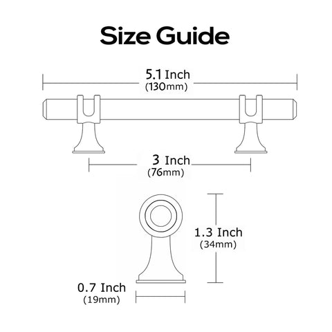 Size guide for Set Of 10 Matte Black And Silver Cabinet Pulls 3 Inch 76mm Hole Centers Knurled Cabinet Handles