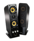 GigaWorks T40 Series II 2.0 Desktop Speaker System With BasXPort Tech Delivers Full Bass Without a Sub Easy Front Controls For Volume Bass and Treble, black and yellow design