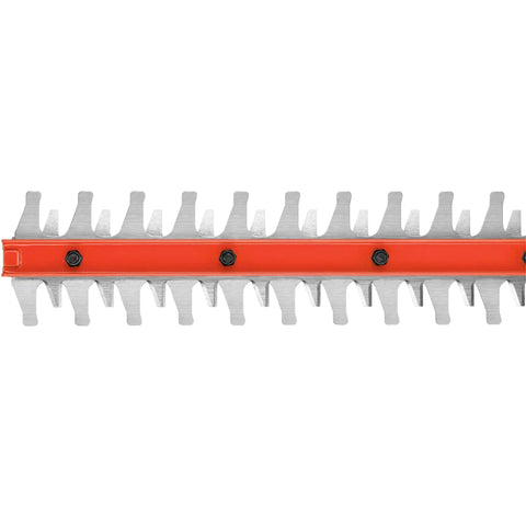 Close-up of 22-inch dual-action blade on 20V Max Cordless Hedge Trimmer with Steel Blade and Soft Grip Handle