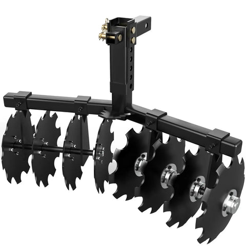 Beefy Replacement 32 Inch Disc Plow With 2 Inch Receiver Hitch Mount for Heavy Duty Tractor Use, showing black finish and discs