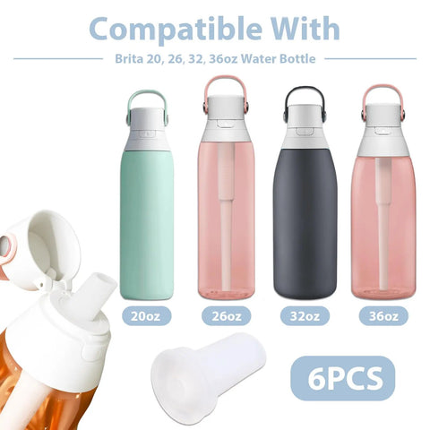Six Pack Silicone Bite Valve Replacement Mouthpieces For Water Bottles Brita Compatible Spout Straw Accessories displayed with bottles and valve