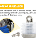 Front view of Dometic/Sealand vacuum pump bellows kit; 3-piece with bolt and bushing, white accordion bellows
