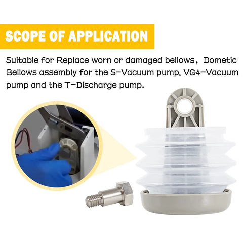 Front view of Dometic/Sealand vacuum pump bellows kit; 3-piece with bolt and bushing, white accordion bellows