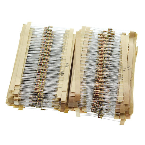 Resistor kit: two bundles of axial carbon-film resistors on taped strips with color bands.