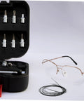 Eyeglass Repair Thread Cord for Half Rim Glasses Quick Fix Tool next to toolkit and pair of glasses on a white surface.