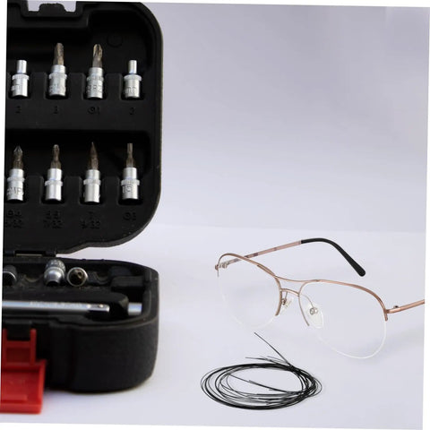 Eyeglass Repair Thread Cord for Half Rim Glasses Quick Fix Tool next to toolkit and pair of glasses on a white surface.