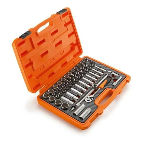 Pro Grade 60 Piece Three Eighth Inch Drive Tool Box Set Kit in orange case with chrome vanadium tools, sockets, and ratchet.