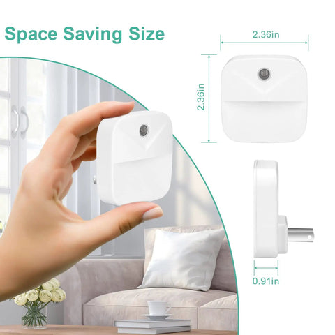 Six Pack Plug In LED Night Lights With Dusk To Dawn Sensor, White Wall Night Lights size shown from different angles