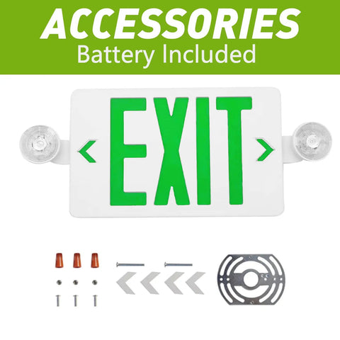 Two Pack Green LED Exit Sign With Emergency Lights And Battery Backup, Adjustable Head Lamps, Dual LED Fixture, Accessories Included