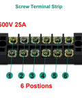 Two Pack Six Position Dual Row Screw Terminal Strips With Covers 600V 25A, black six-position terminal strip close-up.