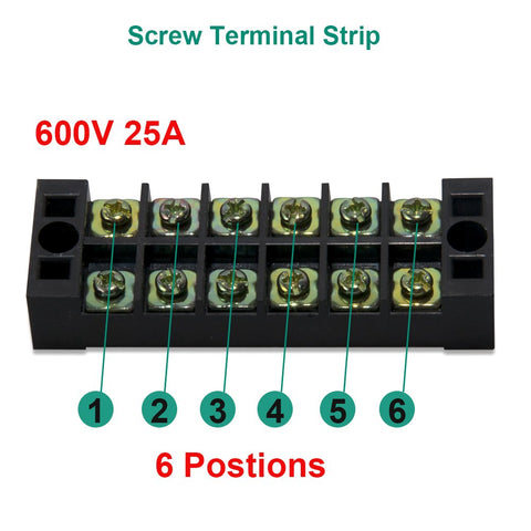 Two Pack Six Position Dual Row Screw Terminal Strips With Covers 600V 25A, black six-position terminal strip close-up.