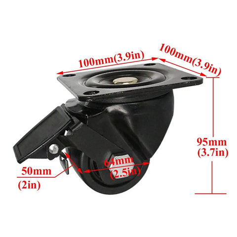 Straight Up Heavy Duty Swivel Castor Wheels Nylon Furniture Casters Black Four Pack detailed with dimensions and dual brakes.