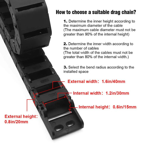 Heavy Duty Semi Enclosed Drag Chain Cable Carrier for CNC Machines, Black Plastic, 15mm by 30mm, Dimensions and Use Guide